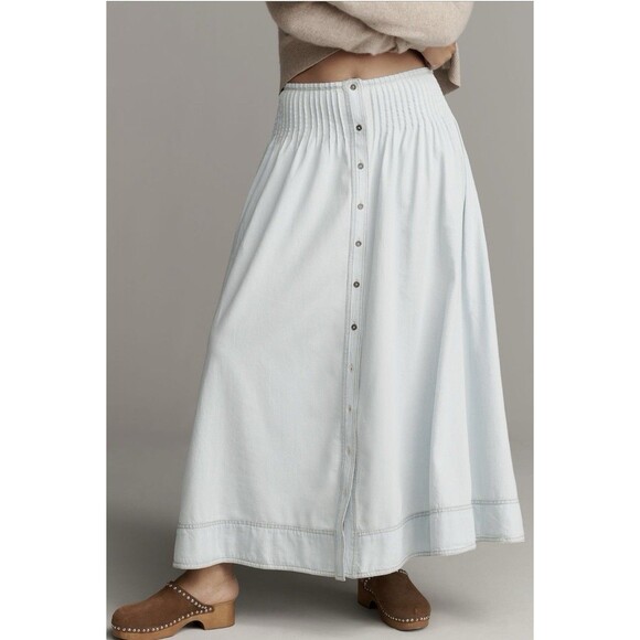 Anthropologie Pilcro Pintuck Basque Waist Denim Maxi Skirt Sz Lg Kit Wash